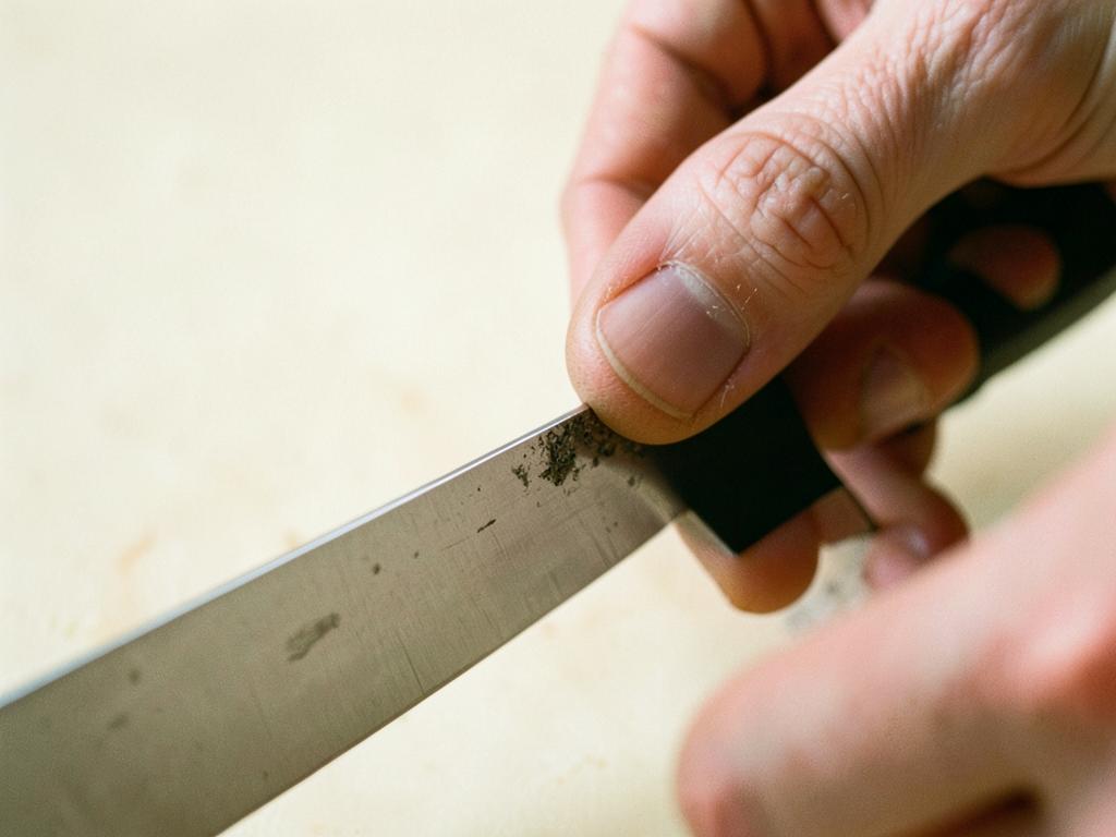 Pouce contrôlant le morfil le long du fil d'un couteau