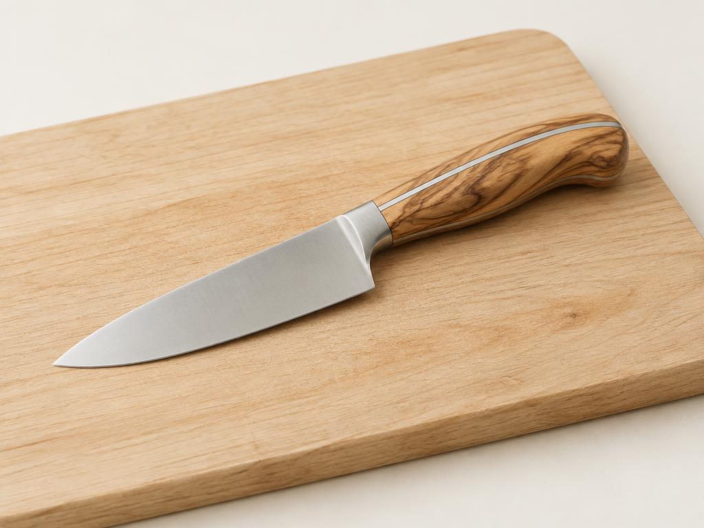 Visuel d'illustration : couteau de cuisine à lame inox et manche en bois d'olivier posé sur une planche