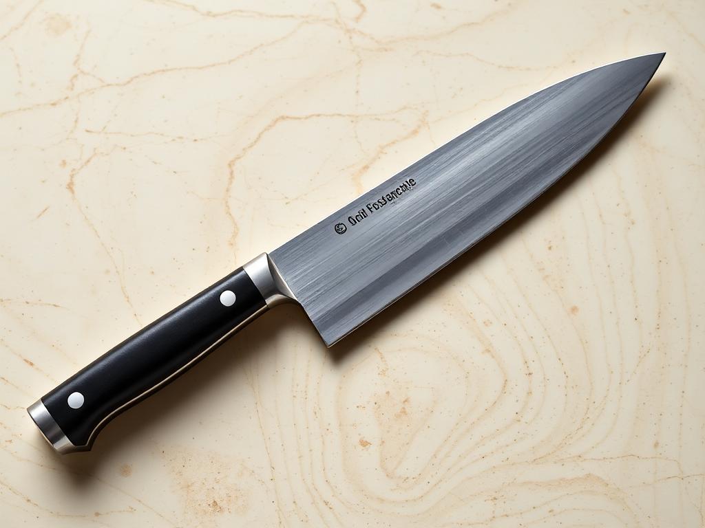 Couteau de chef de 20 cm à manche noir posé sur un plan de travail clair