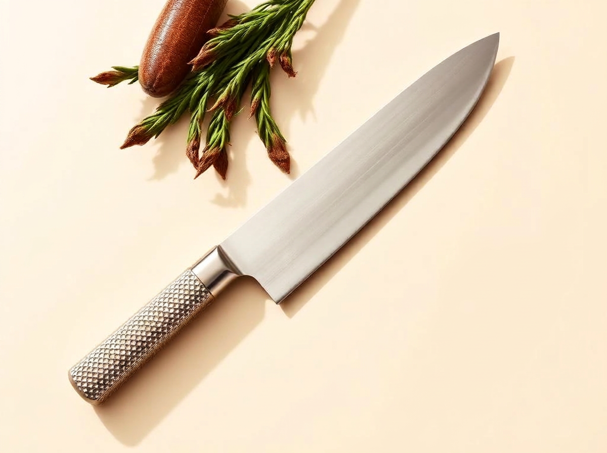 Couteau de chef tout inox à manche métallique sur fond clair