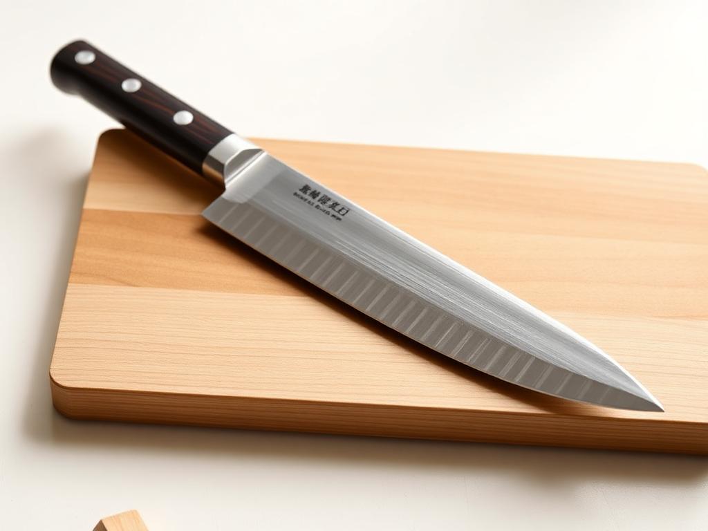 Gyuto japonais de 210 mm posé sur une planche en bois clair