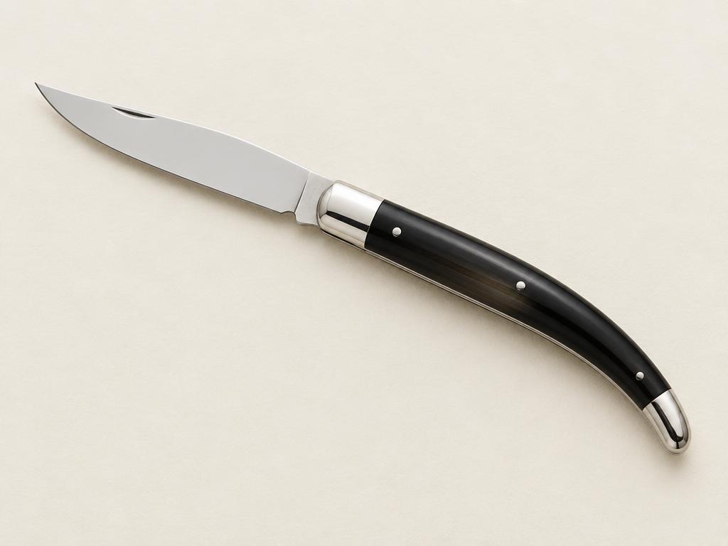 Visuel d'illustration : couteau pliant traditionnel à manche en corne noire et mitres en acier poli