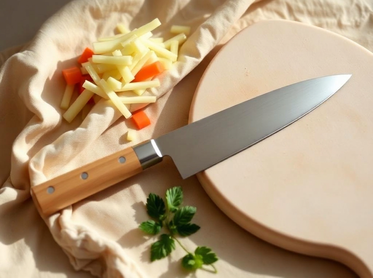 Couteau de chef japonais fin à manche en bois clair sur plan de travail