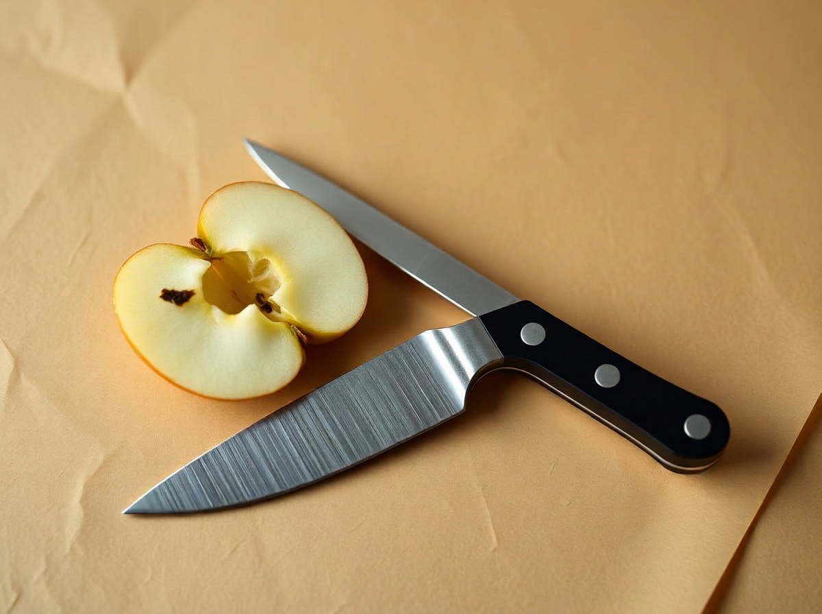 Couteau d'office forgé à manche noir riveté posé près d'une pomme coupée