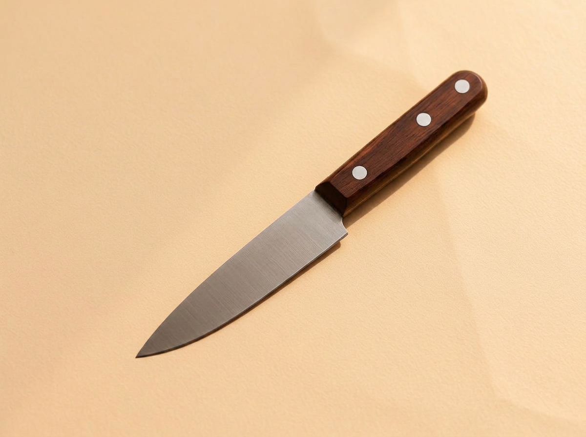 Petit couteau d'office à manche en bois foncé riveté posé sur un fond ivoire