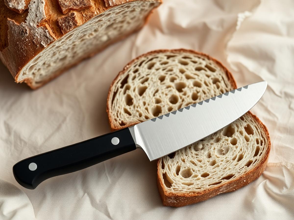 Couteau à pain denté posé sur des tranches de pain au levain