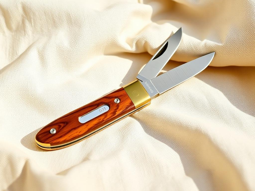 Couteau pliant à manche en bois clair posé ouvert sur une surface claire