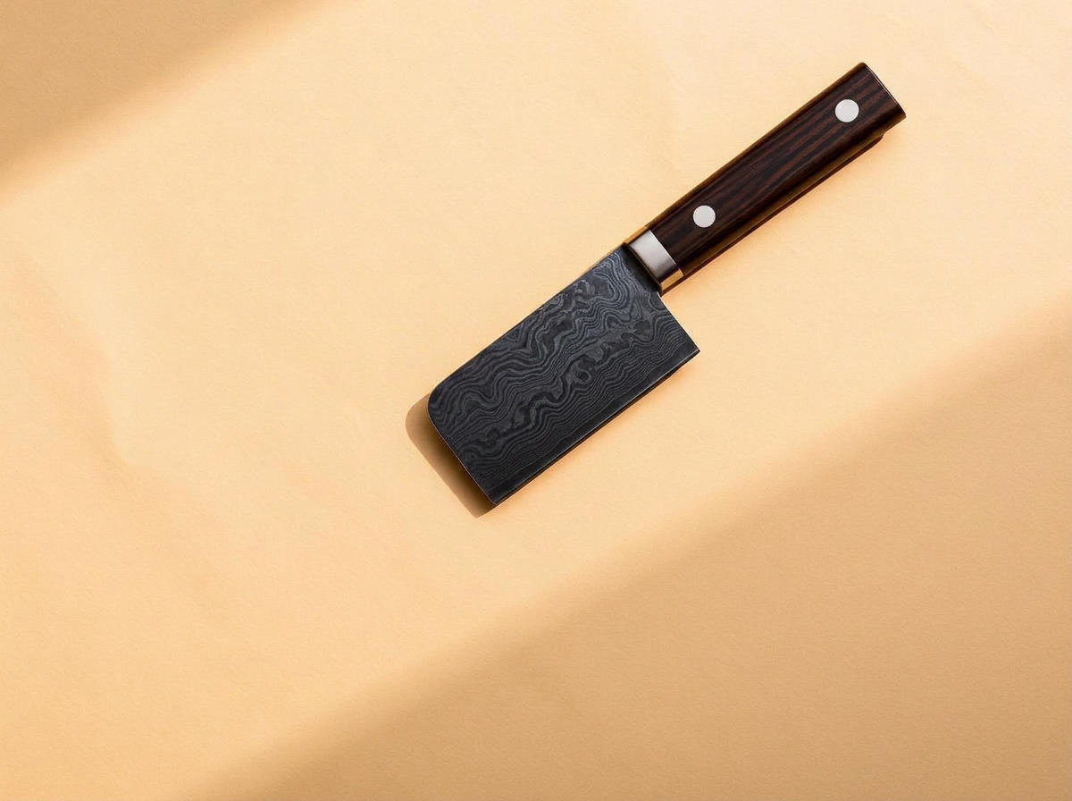Santoku à lame damassée et manche en bois foncé posé sur un fond ivoire