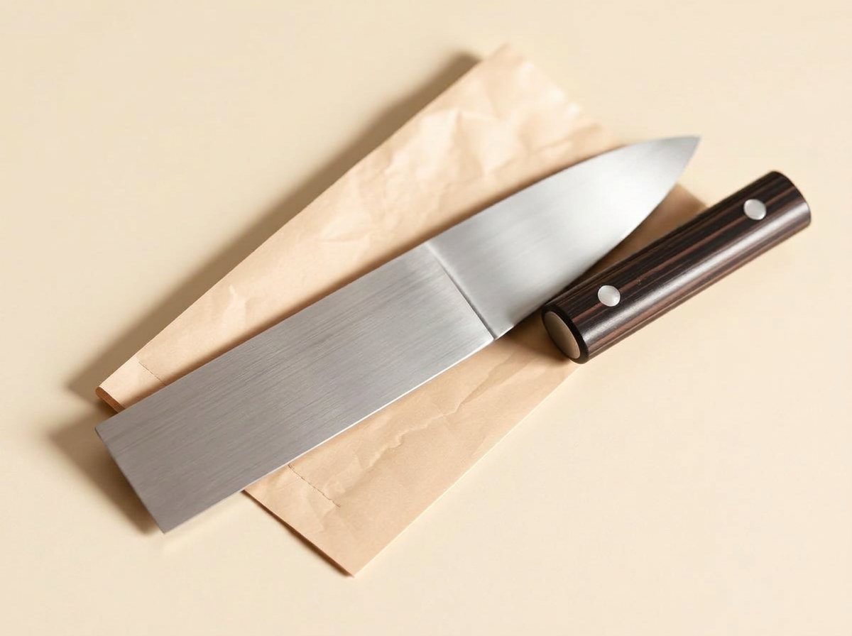 Santoku à lame large en acier brossé et manche en bois foncé sur papier ivoire
