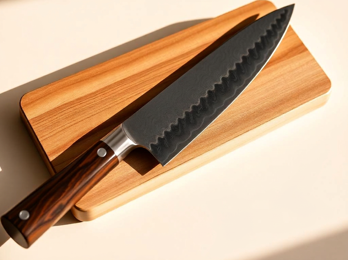 Couteau de chef japonais à lame damassée et manche sombre en bois