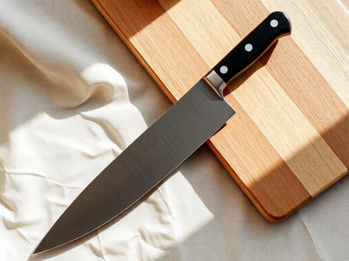 Couteau de chef forgé à mitre pleine et manche riveté sur planche en bois
